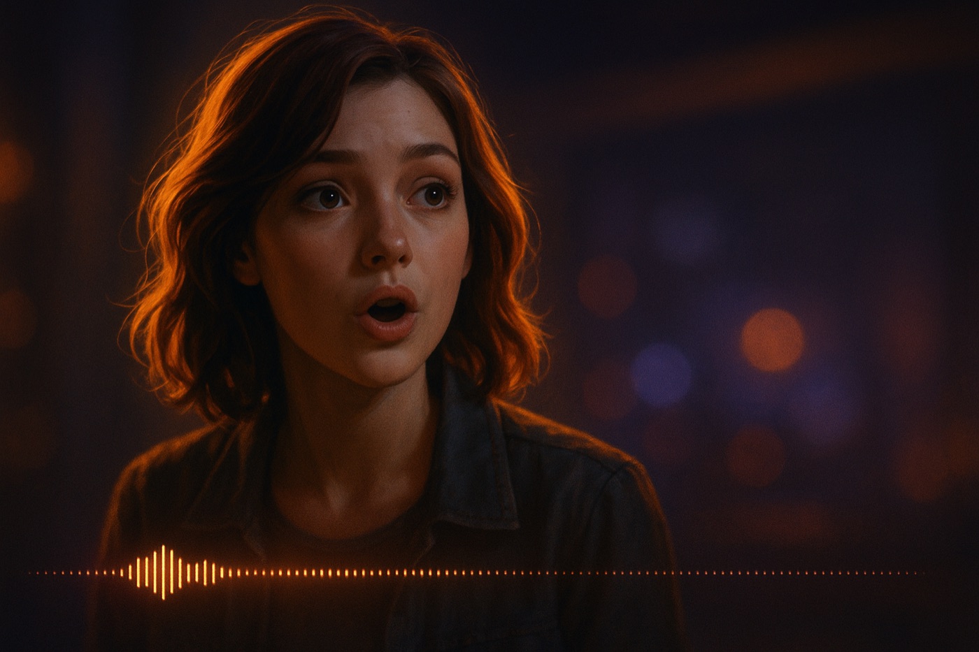 A talking AI character mid-line, with a glowing audio waveform indicating voice-acted dialogue.